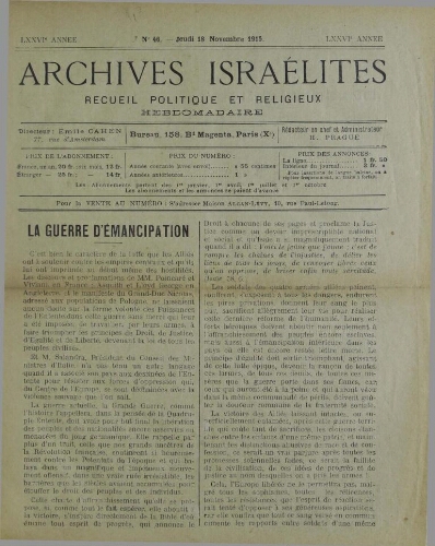 Archives israélites de France. Vol.76 N°46 (18 nov. 1915)